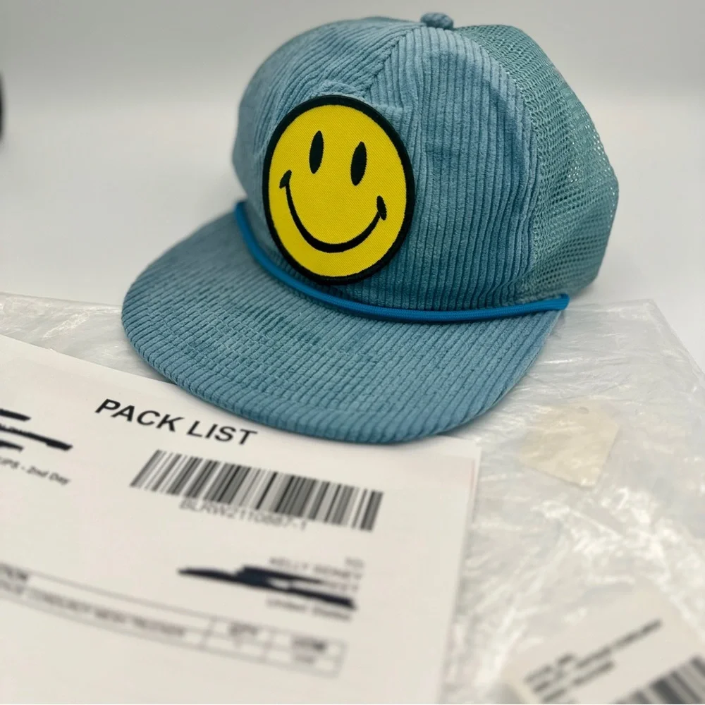 Aviator Nation Blue Corduroy Trucker Hat with Yellow Smiley Patch